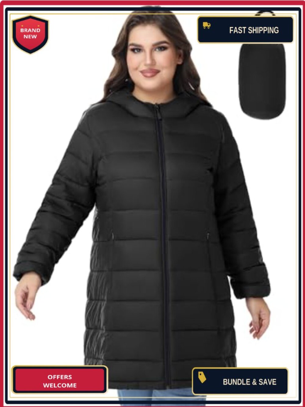 Plus Size Packable Puffer Jacket Lightweight Water Repellent Thigh Length